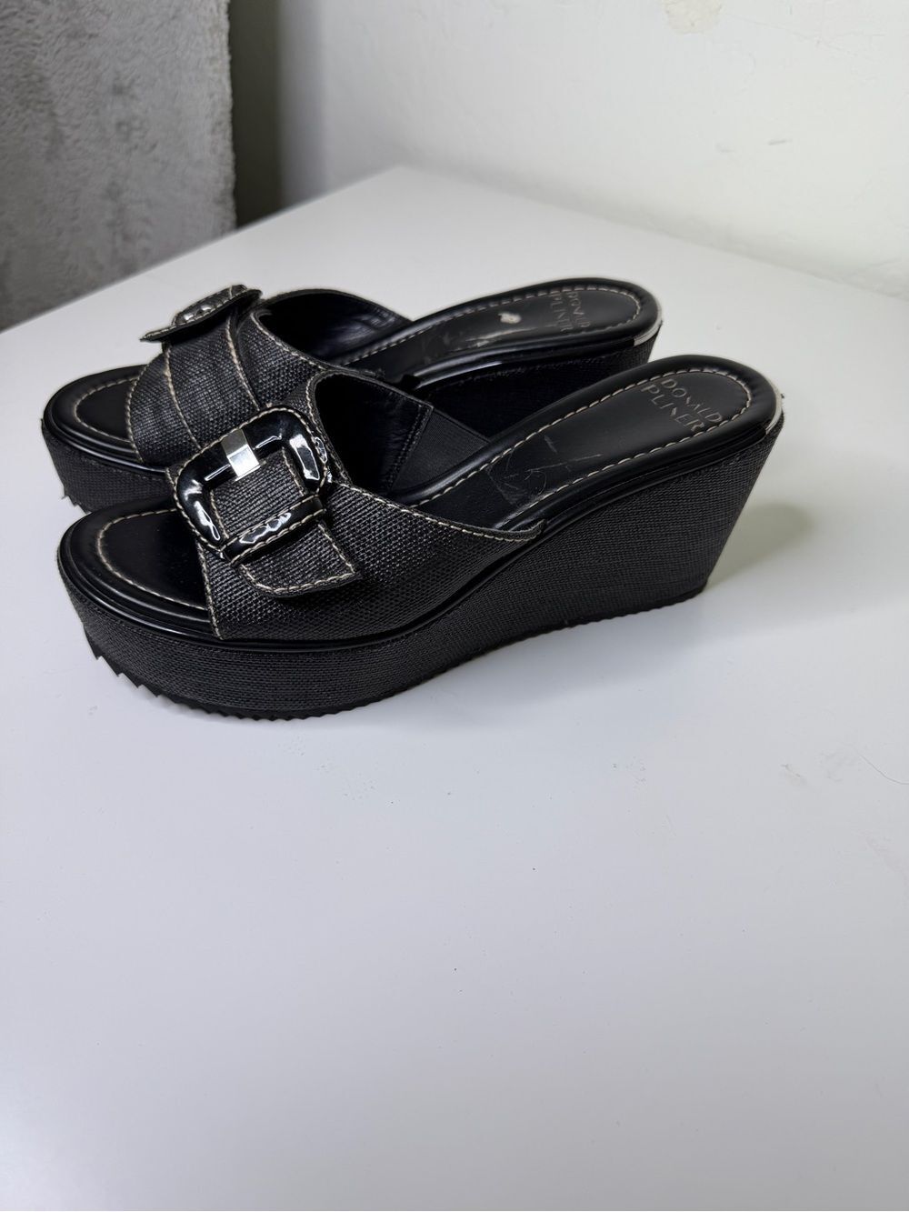 Donald Pliner Black Wedge Platform Slide Sandals with Buckle Y2k Fashion 9